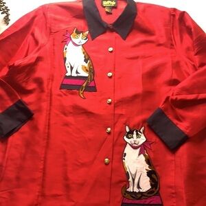 Vintage Bob Mackie silk pattern cat shirt jacket matching tank plus size 2X red